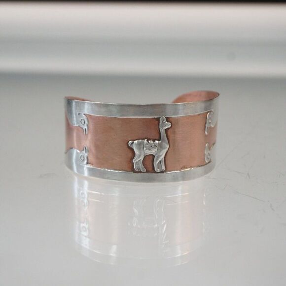 Cuff Bracelet Copper With 925 Sterling Silver Vintage Alpaca Llama And Birds - Picture 1 of 11